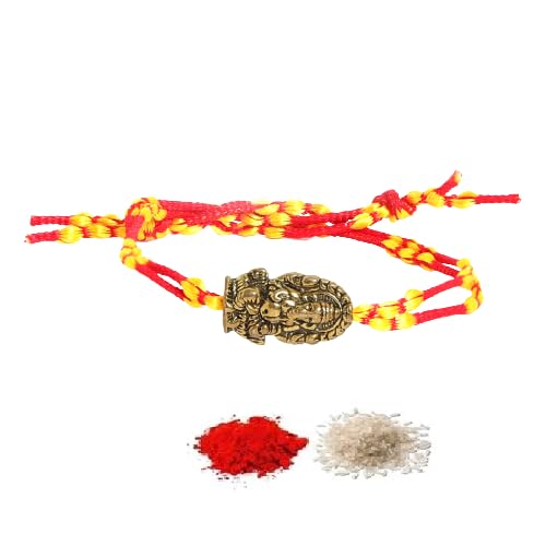 El Regalo OM Ganesha Red Thread Rakhi for Brother/Bhai/Bhaiya- Auspicious OM/Aum, Ganesha Rakhi with Roli Chawal Shagun, Rakhi Message Card in Rakhi Gift Box (Ganesha Moli)