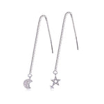 El Regalo 925 Silver Plated Minimalist Long Thin Linear CZ Elegant Threader Dangle Chain Earrings for Girls & Women (Moon Sun Threaders)