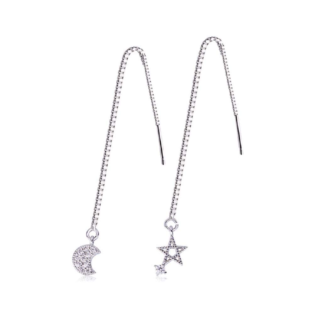 El Regalo 925 Silver Plated Minimalist Long Thin Linear CZ Elegant Threader Dangle Chain Earrings for Girls & Women (Moon Sun Threaders)