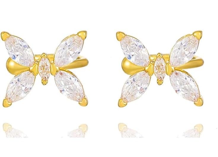 El Regalo Cute CZ Butterfly Ear Cuffs for Non-Pierced Ears - Trendy Non-Piercing Cartilage Cuff Wrap Clip-On Earrings - Rhinestone Fake Earrings for Girls & Women