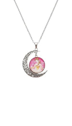 El Regalo Princess Crescent Moon Pendant Necklace for Girls- Enchanted Fairytale Character Jewelry with Filigree Detail, Silver-Tone Chain, Perfect Birthday Return Gift or Party for Toddlers and Kids (Style-4)