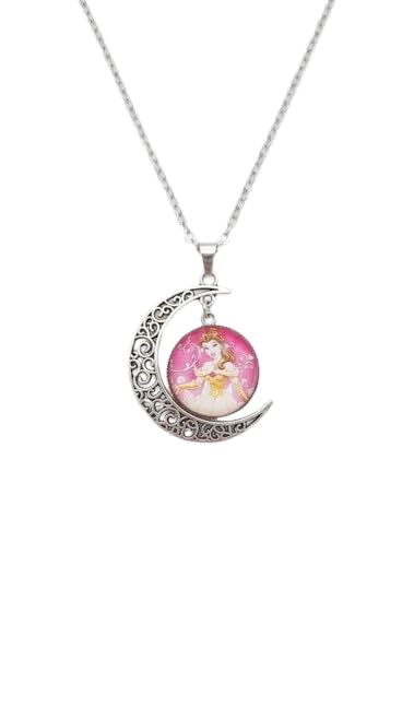 El Regalo Princess Crescent Moon Pendant Necklace for Girls- Enchanted Fairytale Character Jewelry with Filigree Detail, Silver-Tone Chain, Perfect Birthday Return Gift or Party for Toddlers and Kids (Style-4)