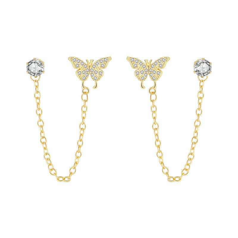 El Regalo Butterfly Chain Cuff Earrings for Women | CZ Diamond Stud & Butterfly Ear Cuff Linked Earrings | Long Chain Cartilege Earrings for Girls | Trendy Party Fashion Jewelry