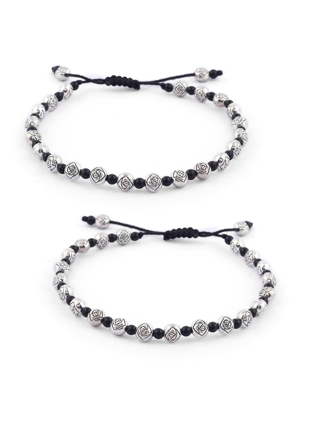 El Regalo 2 PCs Boho Macrame Adjustable Oxidized German Silver Bead Anklet for Girls & Women (Flower Beads)