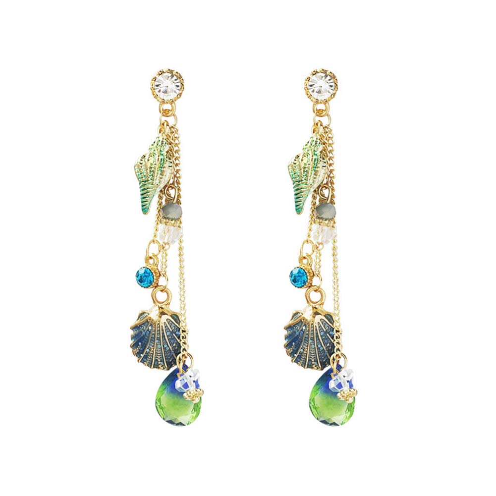 El Regalo Sparkly Bohemia Long Tassel Blue Ocean Shell Dangle Earrings Shine Rhinestone Scallop Beach Earrings For Women Girls Charm Statement Colorful Crystal Jewelry (Blue)