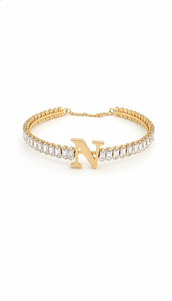 El Regalo Personalized Initial Letter Bracelet for Women | Gold Finish Tennis Bracelet with Alphabet Charm | Adjustable Stainless Steel Zircon Bracelet | Anti Tarnish Jewelry (N Letter)