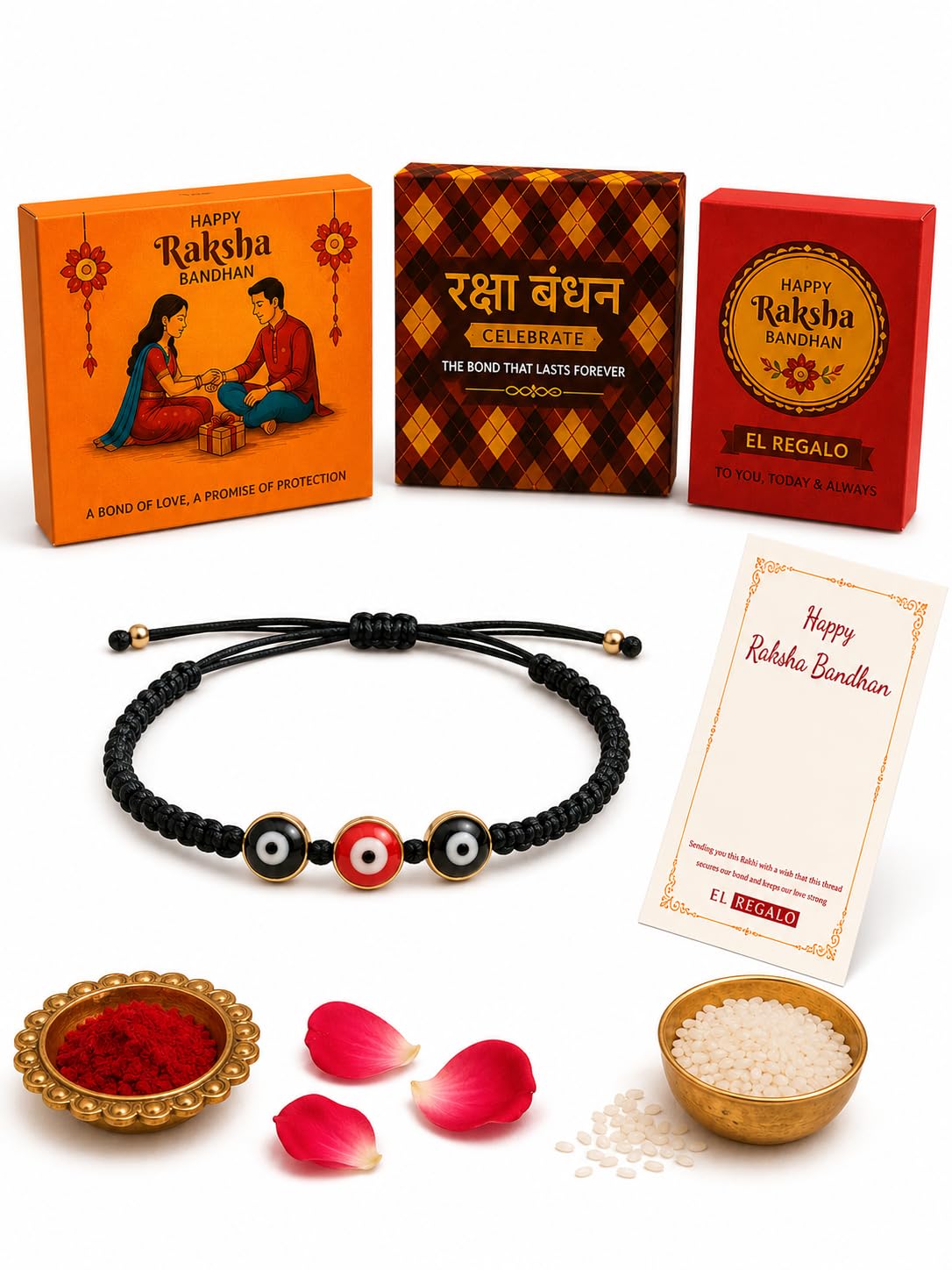 El Regalo Evil Eye Rakhi for Brother Wrapped on Raksha Bandhan Card with Roli Chawal in Gift Box