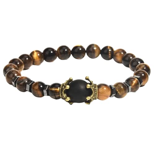 El Regalo Natural Stones Tiger Eye Antique Crown Charm Bracelet for Men/Boys Beads Bracelet Jewelry