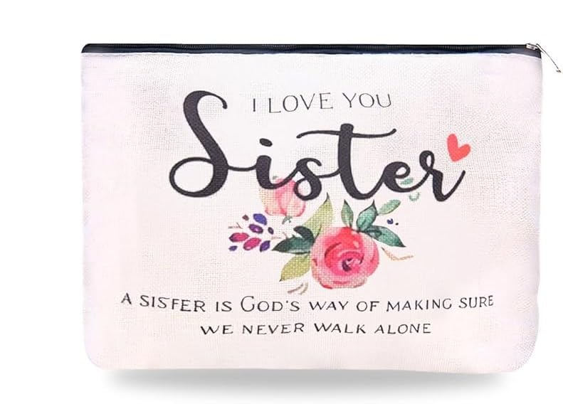 El Regalo 1PC 'I Love You Sister' OR Sisters Forever Friends Printed Makeup Pouch, Portable Travel Toiletry Bag, Multipurpose Zippered Organizer Bag (I Love You Sister)