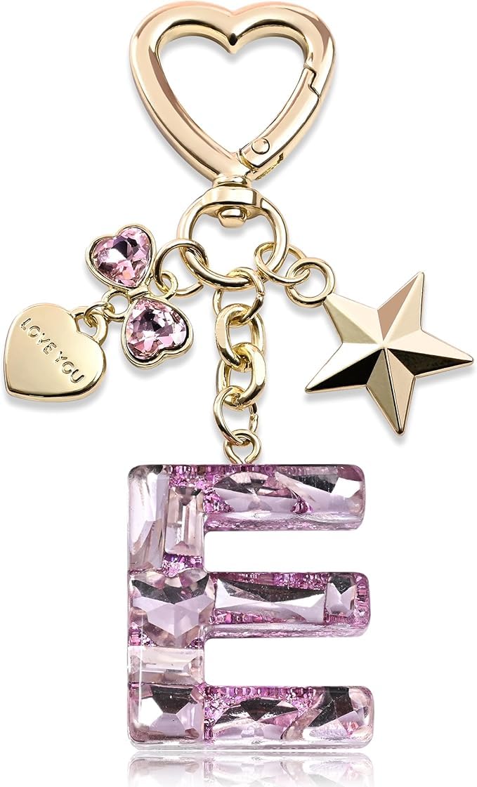 El Regalo Personalized Glitter Initial Letter Keychain for Girls & Women - Cute Pink Resin Alphabet Keyring with Heart & Star Charms - Fancy Luxury Bag Accessory & Birthday Gift (Letter E)