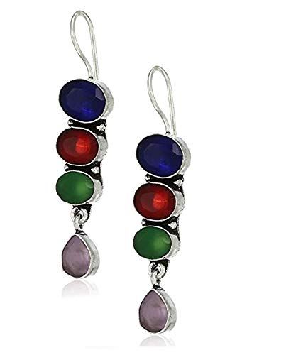 El Regalo Oxidized Silver Plated Vintage Stones Earrings for Girls & Women (Multi)