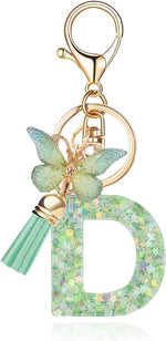 El Regalo Personalized Name Initials Butterfly Charm Keychain - Name Letters Keyring with Green Butterfly & Stars Filled Resin & Tassel Pendant, Purse, Bag, Backpack Accessory (Letter D)