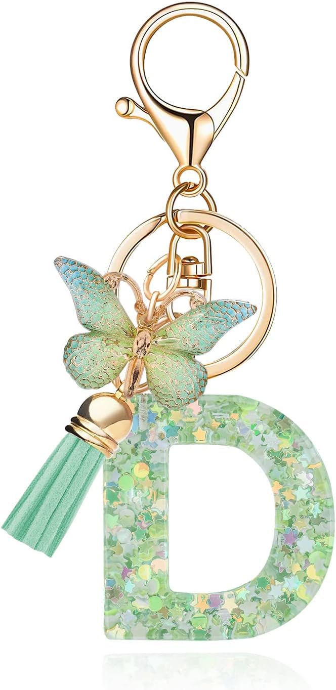 El Regalo Personalized Name Initials Butterfly Charm Keychain - Name Letters Keyring with Green Butterfly & Stars Filled Resin & Tassel Pendant, Purse, Bag, Backpack Accessory (Letter D)