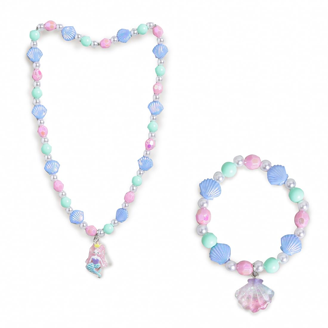 El Regalo 2 PCs Kids Girls Colorful Necklace & Bracelet Jewelry Sets - Kids Candy Color Mermaid Pearl Shells Necklace & Bracelets Sets for Girls Kids & Toddlers (Mermaid Shell Jewelry Set)