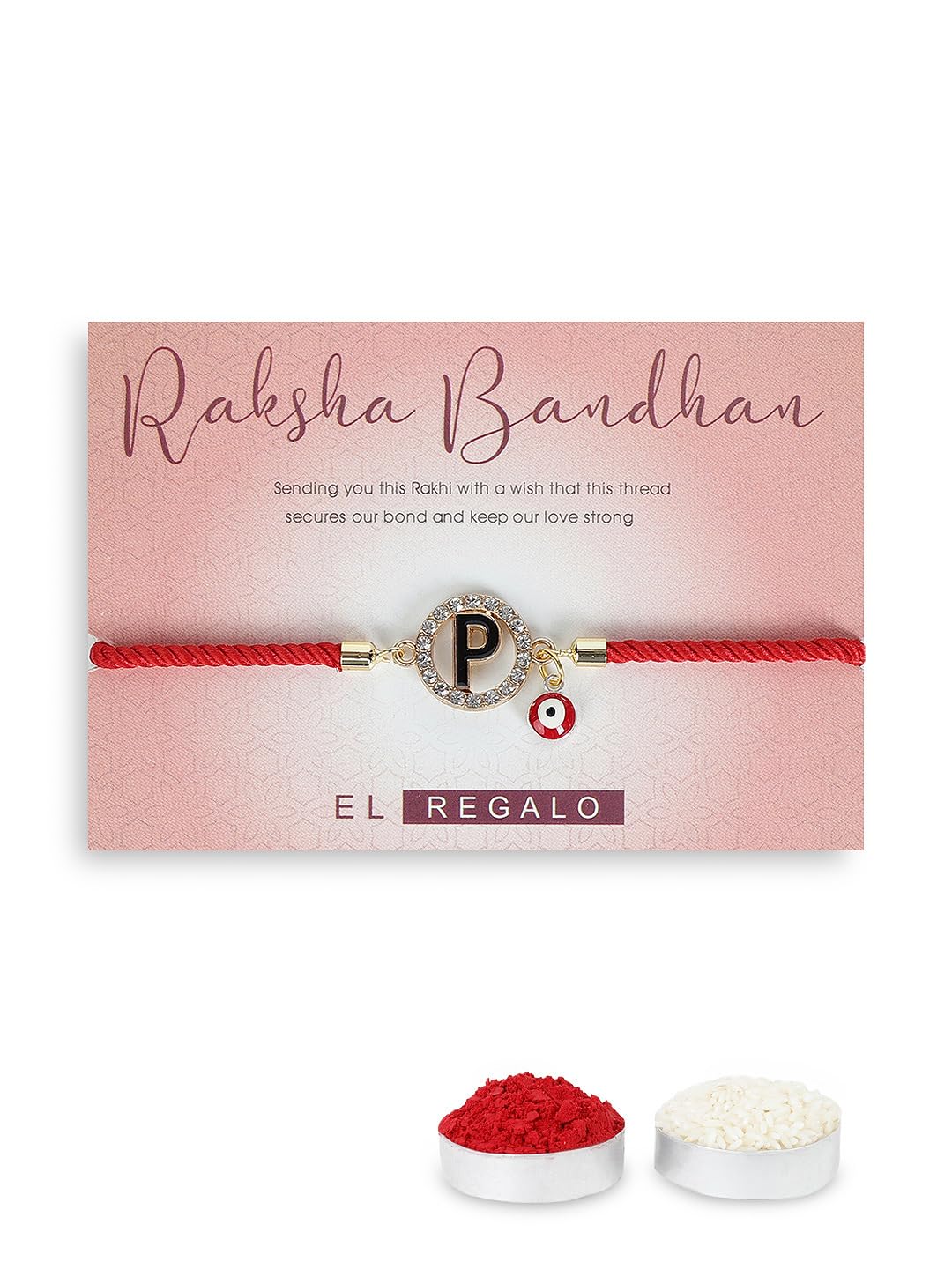 El Regalo Name Initials Evil Eye Bracelet Rakhi for Brother- Name Letter CZ Rakhi with Roli Chawal, Message Card in Rakshabandhan Box for Bhai (Red- P)