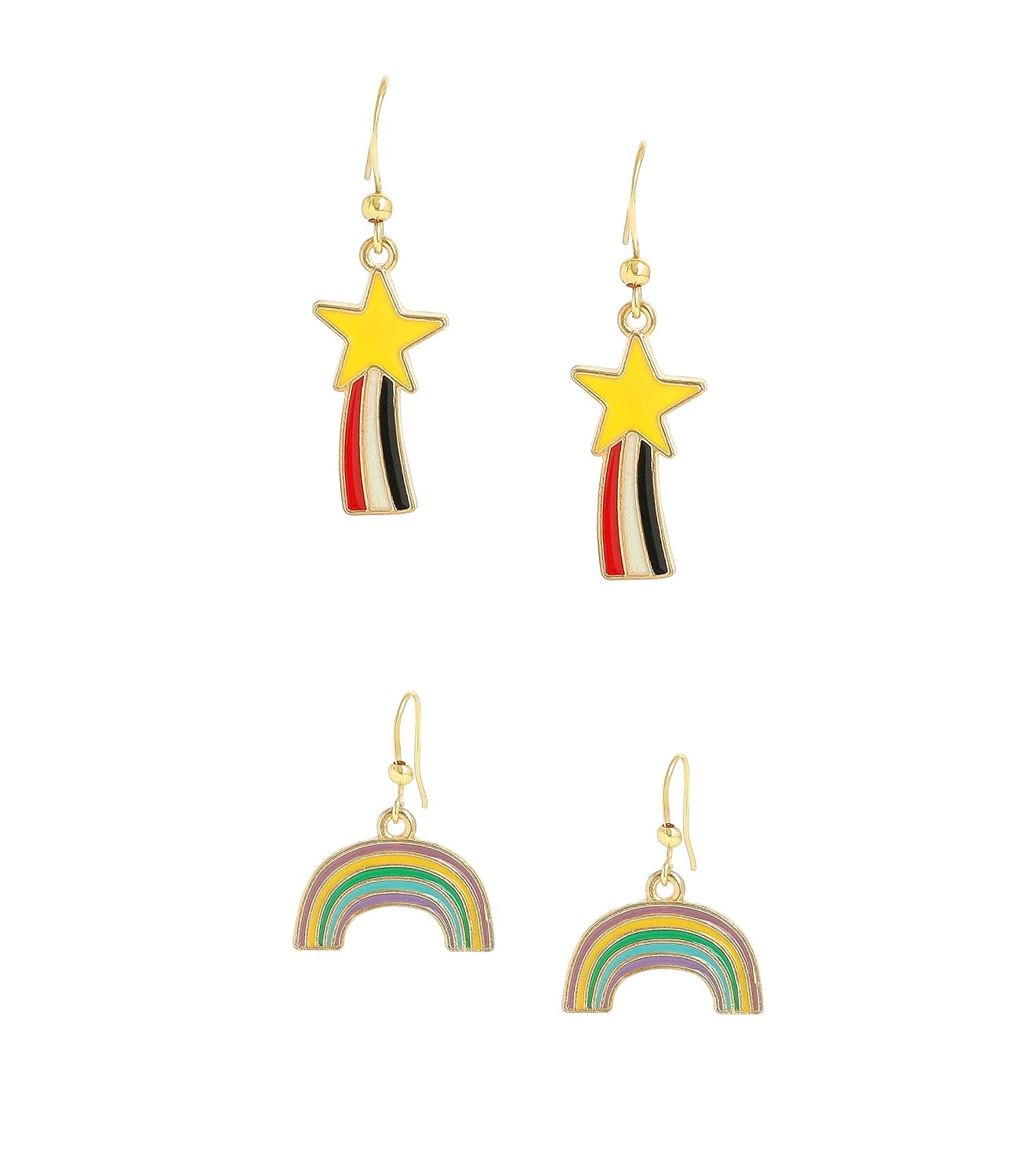 El Regalo Set of 2 Pairs Colorful Unicorn, Rainbow, Shooting Star Hook Earrings for Kids, Girls & Women- Hypoallergenic Girls Kids Enameled Stud Earring Set (Rainbow Unicorn & Star Earrings)