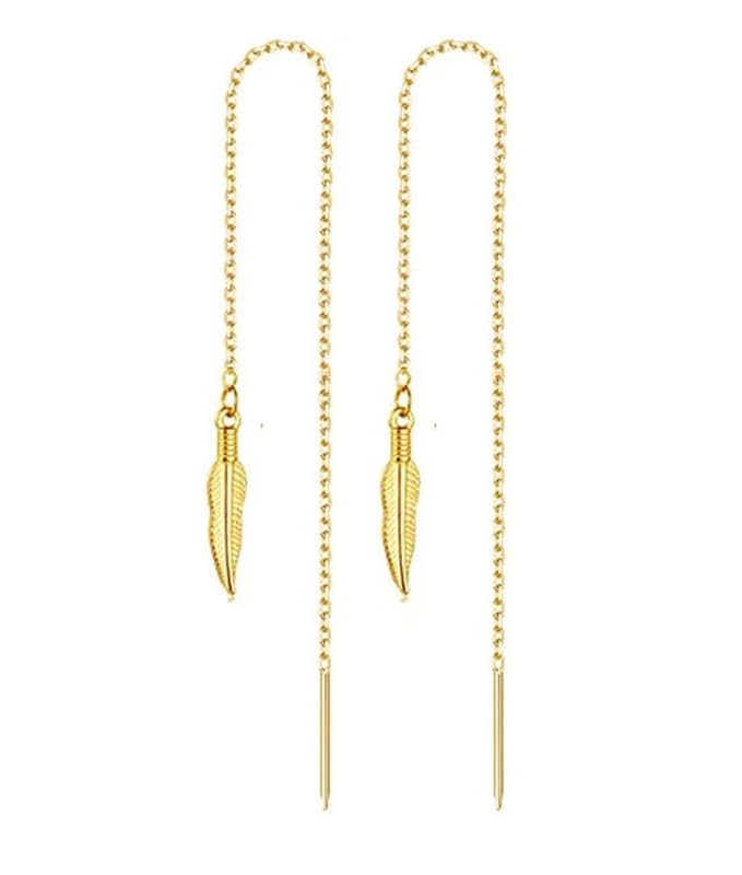 El Regalo Gold Plated Plated Minimalist Long Thin Tassel Elegant Threader Dangle Chain Earrings for Girls & Women (Golden Leaf Threader)