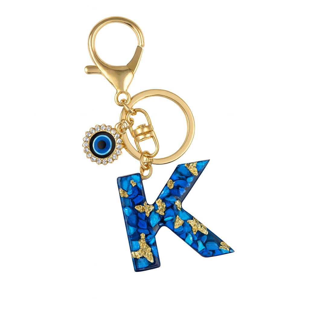 El Regalo Royal Blue Evil Eye Keychain Name Initial Letters- Alphabet Letter Keyring with Evil Eye Charm - Unisex Stylish Bag Charm, Keyring, Gift for Friends & Family (K Letter)