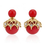 El Regalo Beautiful Double Sided Pearl Earrings for Women - Elegant Crown Rhinestone Front Back Studs | Korean Style Moti Earrings (Gold Red)