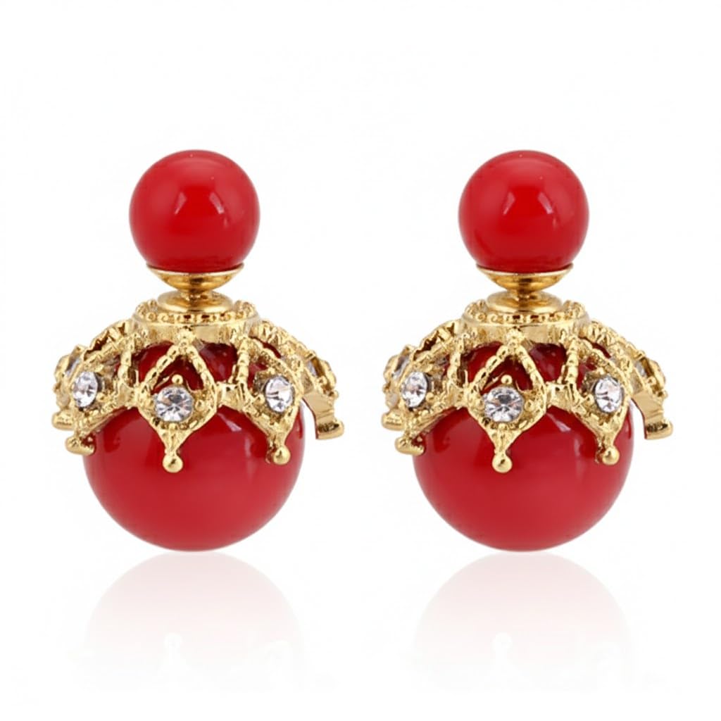 El Regalo Beautiful Double Sided Pearl Earrings for Women - Elegant Crown Rhinestone Front Back Studs | Korean Style Moti Earrings (Gold Red)