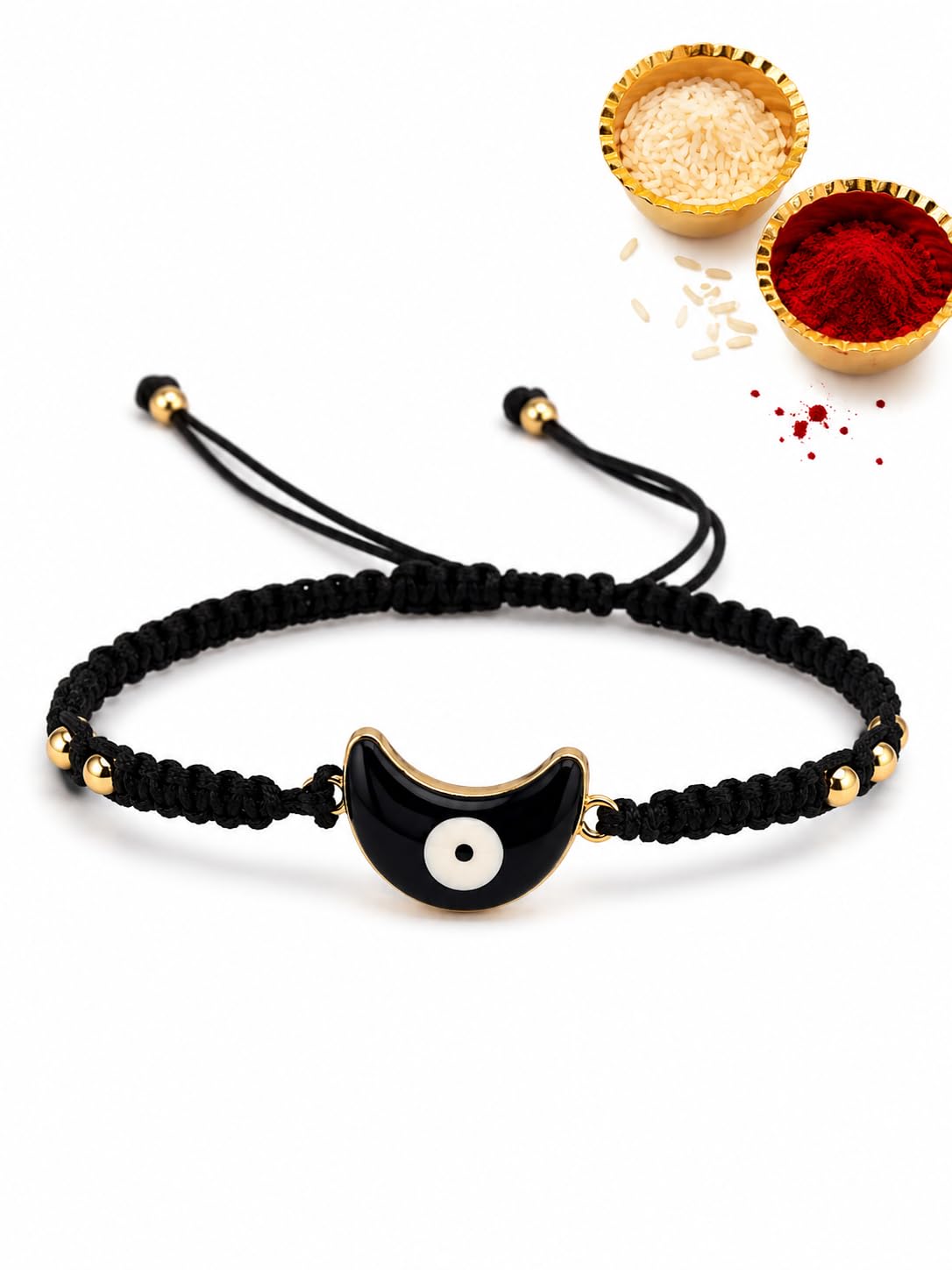 El Regalo Crescent Moon Evil Eye Bracelet Rakhi for Brother with Roli Chawal in Gift Box (Moon Evil Eye- Black)