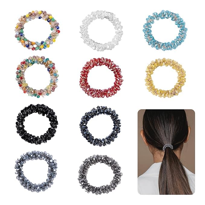 El Regalo 10PCs Crystal Rhinestone Hair Ties Set - Beaded Scrunchies & Ponytail Holders for Women - Soft, Durable, Stretchy Crystal Hair Accessories - Elegant Ponytail Fixer & Bracelet in 10 Mixed Colors