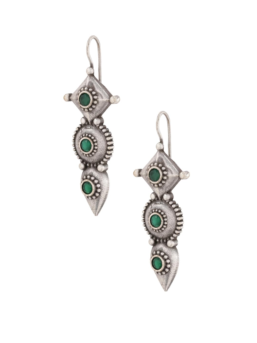 El Regalo Womens "Trikoni" Handcrafted Silver Lookalike Oxidized Brass Earrings - Antique Silver Finish - Elegant and Timeless Design (Green)