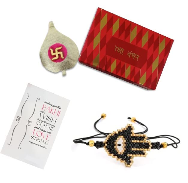 El Regalo Evil Eye Miyuki Seed Beads Rakhi | Handmade 100% Authentic Japanese Miyuki Seed Rakhi with shagun, Rakhi Card in Gift Box (Black Hamsa Hand Evil Eye)