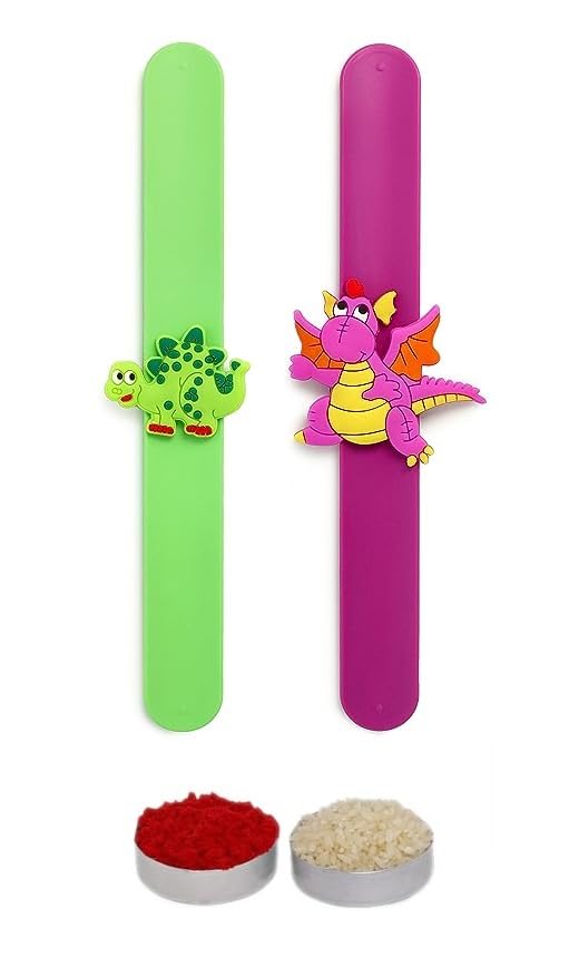 El Regalo 2PCs Dinosaur Kids Rakhi- Cute Dino Slap Band Rakhi for Little Brother or Sister- Colorful Dinosaur Fun Kids Rakhi with Roli Chawal in Rakhi Gift Box for Brother/Niece or Nephew (Option-1)