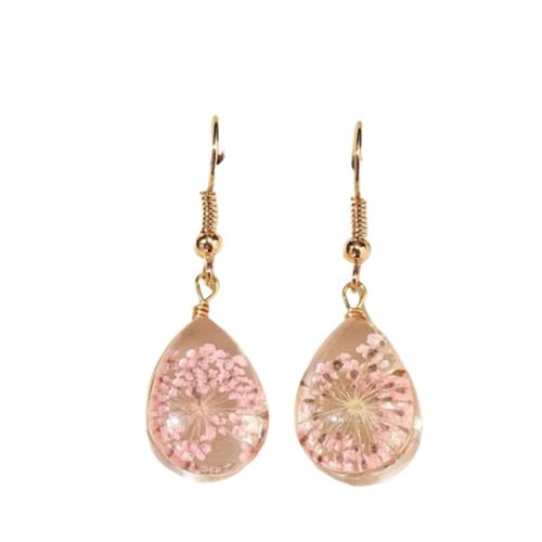 El Regalo Womens Handmade Glass Dried Flowers Gypsophila Earrings(Life Tree)- Beautiful Real Dried Flowers Pressed Drop Earrings (Pink Drop)