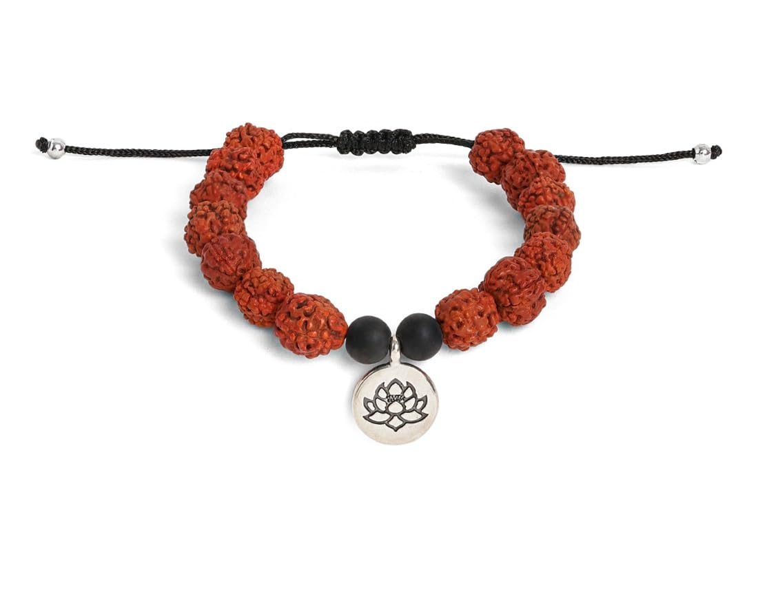 El Regalo Unisex 1 PC Natural Rudraksha Beads Adjustable Bracelet: Handmade Lord Shiva Rudraksha Beads Bracelet with Spritual OM/Aum, Budhdha, Lotus Charms (Silver Lotus Rudraksha Bracelet)