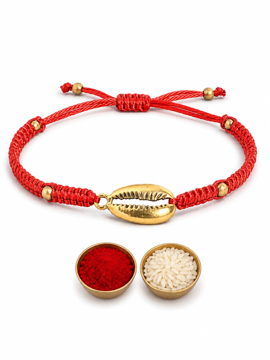 El Regalo Red Silk Thread Golden Shell Rakhi for Brother - Elegant Lucky Cowrie Shell Rakhi with Roli Chawal in Gift Box (Red Golden Shell)