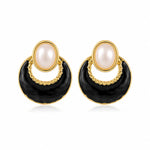 El Regalo Elegant Stainless Steel Pearl Stud Earrings for Women | 18K Gold Plated Vintage Oil Drip Enamel C-Hoop Studs | Anti-Tarnish Boho Western Jewellery (Black)