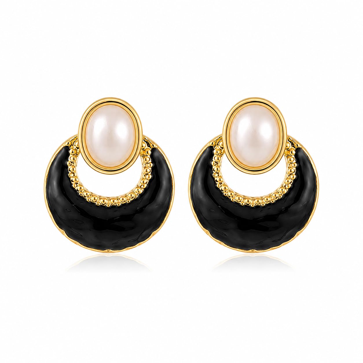El Regalo Elegant Stainless Steel Pearl Stud Earrings for Women | 18K Gold Plated Vintage Oil Drip Enamel C-Hoop Studs | Anti-Tarnish Boho Western Jewellery (Black)