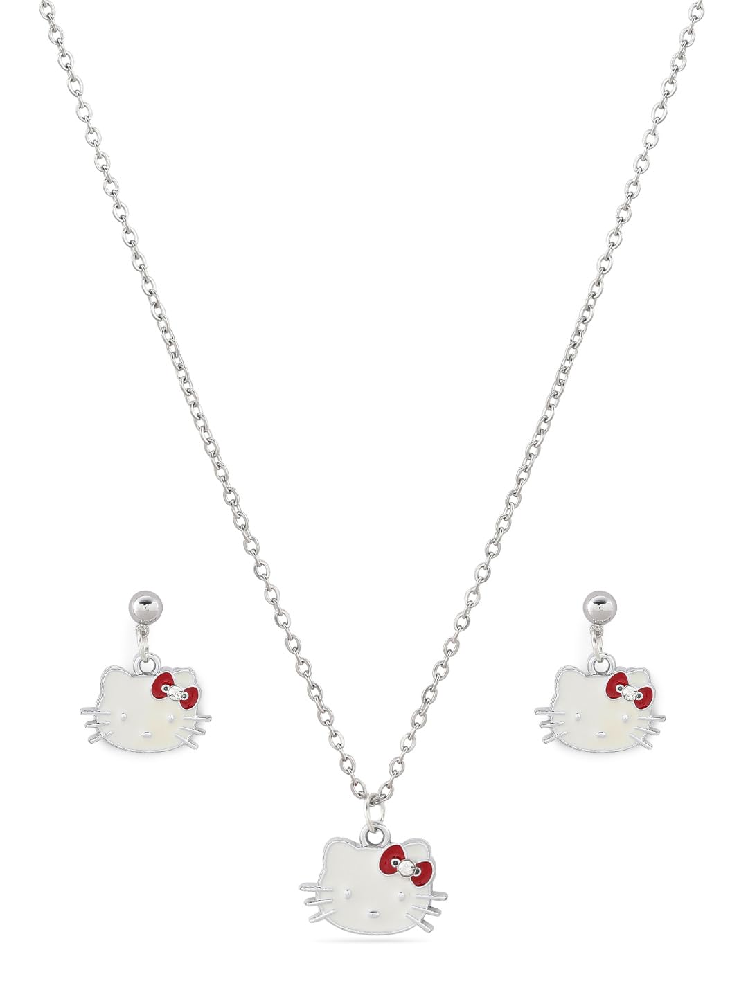 El Regalo Kids Kitty Pendant Necklace & Earrings Set for Girls/Kids - Cute Kitty Crystal & Enamel Pendant with Earrings