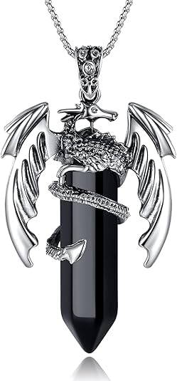 El Regalo Goth Gothic Viking Dragon Crystal Pendant Necklace for Men & Boys | Dragon Wing Necklace | Punk Biker Fantasy Statement Jewelry (Black)