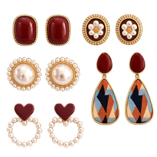 El Regalo 5 Pairs Vintage Korean Style Earring Combo for Women & Girls | Modern Pearl Studs, Geometric Resin Drops & Heart Clip-ons | Gold-Plated Aesthetic Jewelry Set | Ideal for Western & Indo-Western Outfits