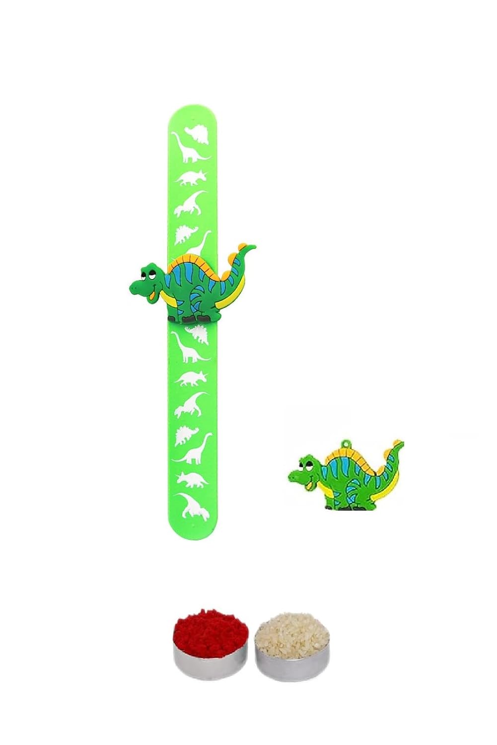 El Regalo 1PC Cute Kids Slap Band Rakhi for Little Brother or Sister- Colorful Dinosaur Fun Kids Rakhi with Roli Chawal in Rakhi Gift Box for Brother/Niece or Nephew (Green Dinosaur Slap Band Rakhi)