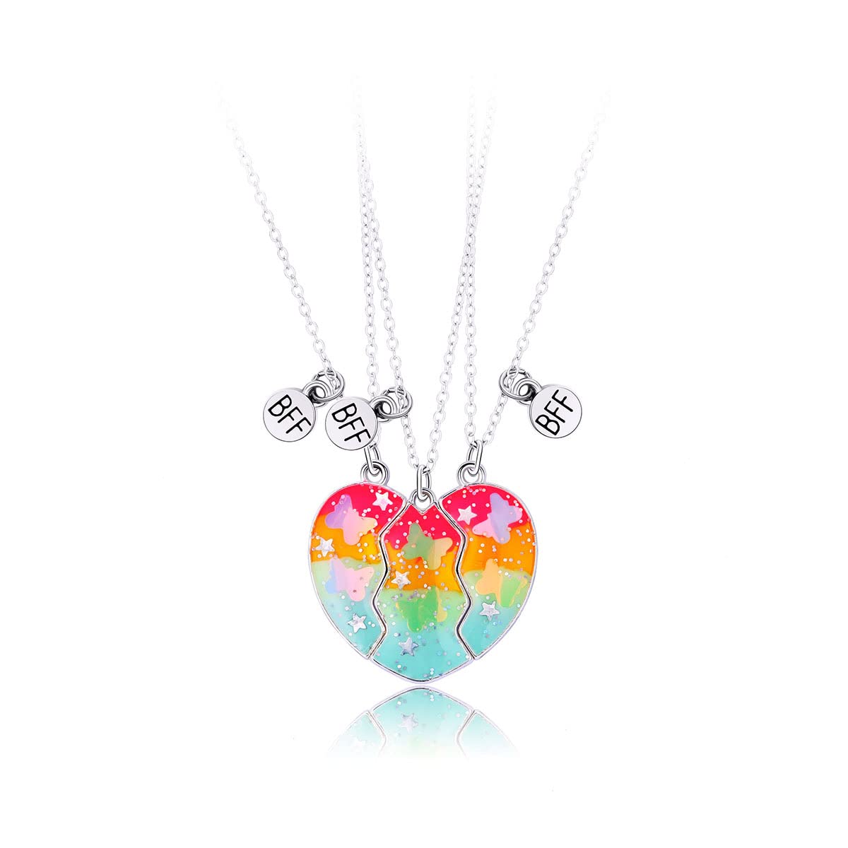 El Regalo 3 PCs BFF Best Friend Forever Split Heart Magnetic Matching Pendant Necklaces Set for Kids/Girls/Teens- Friendship Puzzle Necklaces Sets for Besties (Colorful Butterfly BFF)