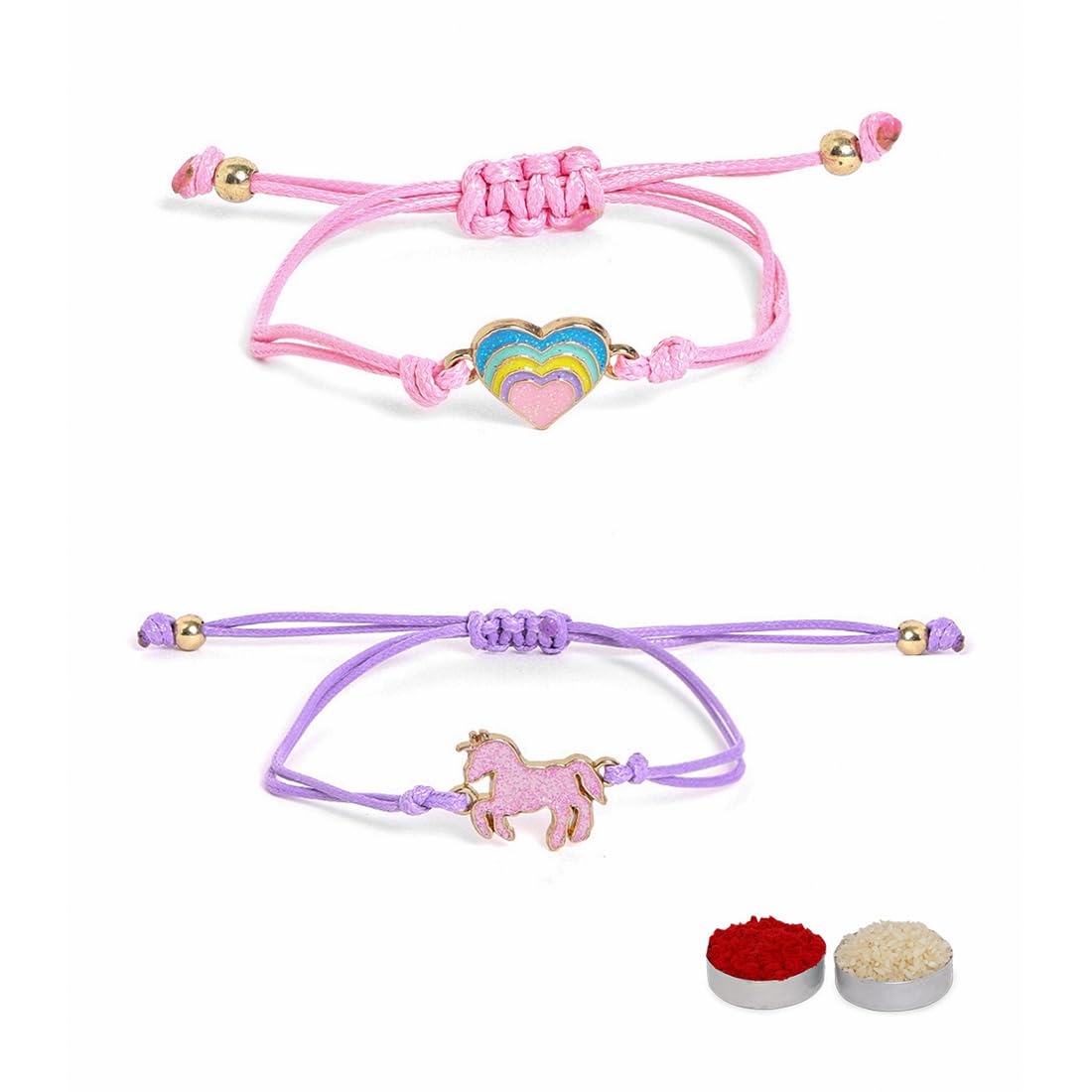 El Regalo 2PCs Cute Kids Bracelet Rakhi Combo Sets- Fancy Kids Rakhi for Brother/Sister with Roli Chwal, Rakhi Message Card in Rakhi Box for Babies/Toddlers/Kids (Unicorn & Heart Rakhi)