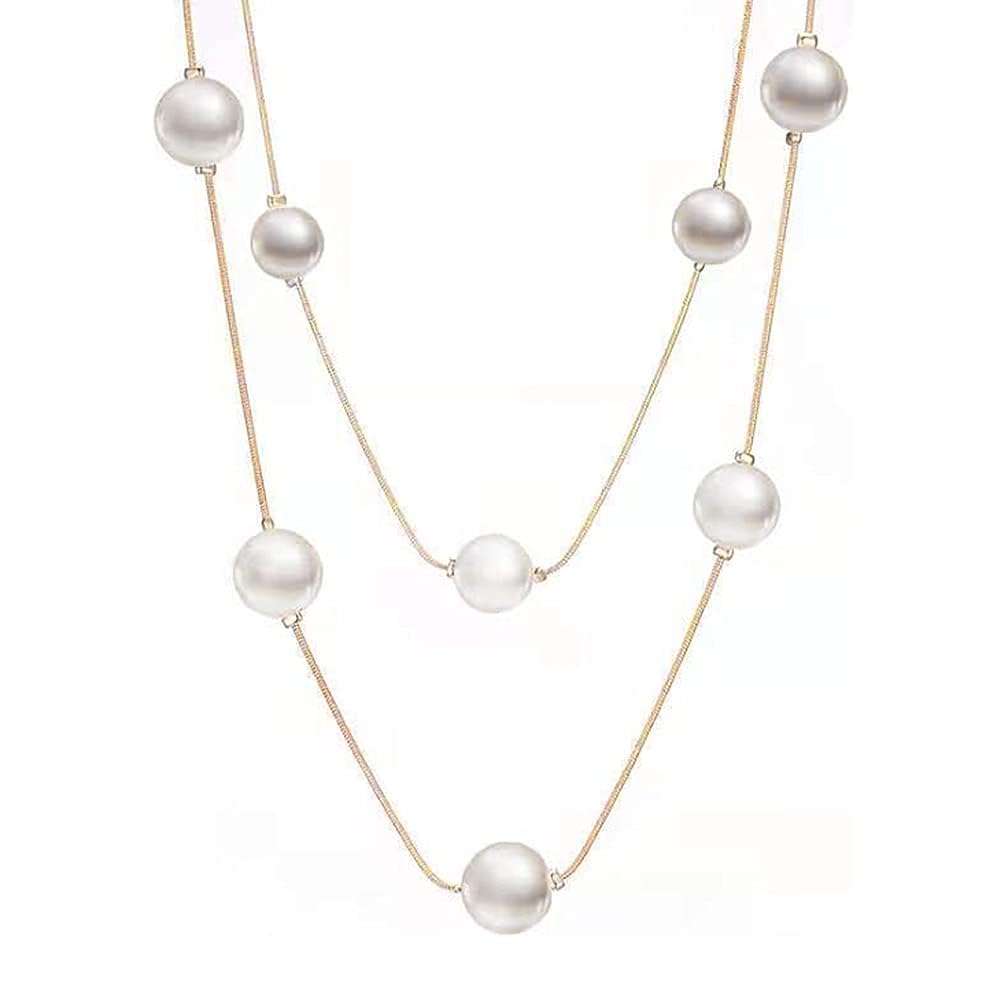 El Regalo Layered Faux Pearl Long Necklace for Women & Girls - Bohemian Chic Statement Jewelry | Simulated Pearls & Brass Snake Chain | Double Strand Sweater Necklace for Elegant Occasions (Gold)