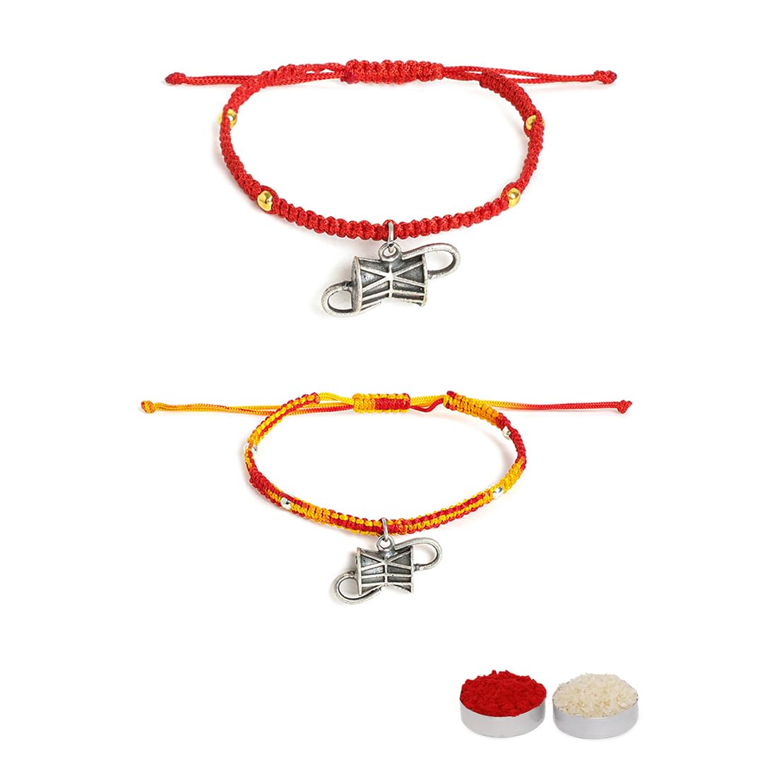 El Regalo 2PCs Shiva Damroo Bracelet Rakhi for Brothers- Antique Finish Damru Rakhi Set with Roli Chawal Shagun, Message Card in Rakshabandhan Gift Box for Bhai/Bhaiya