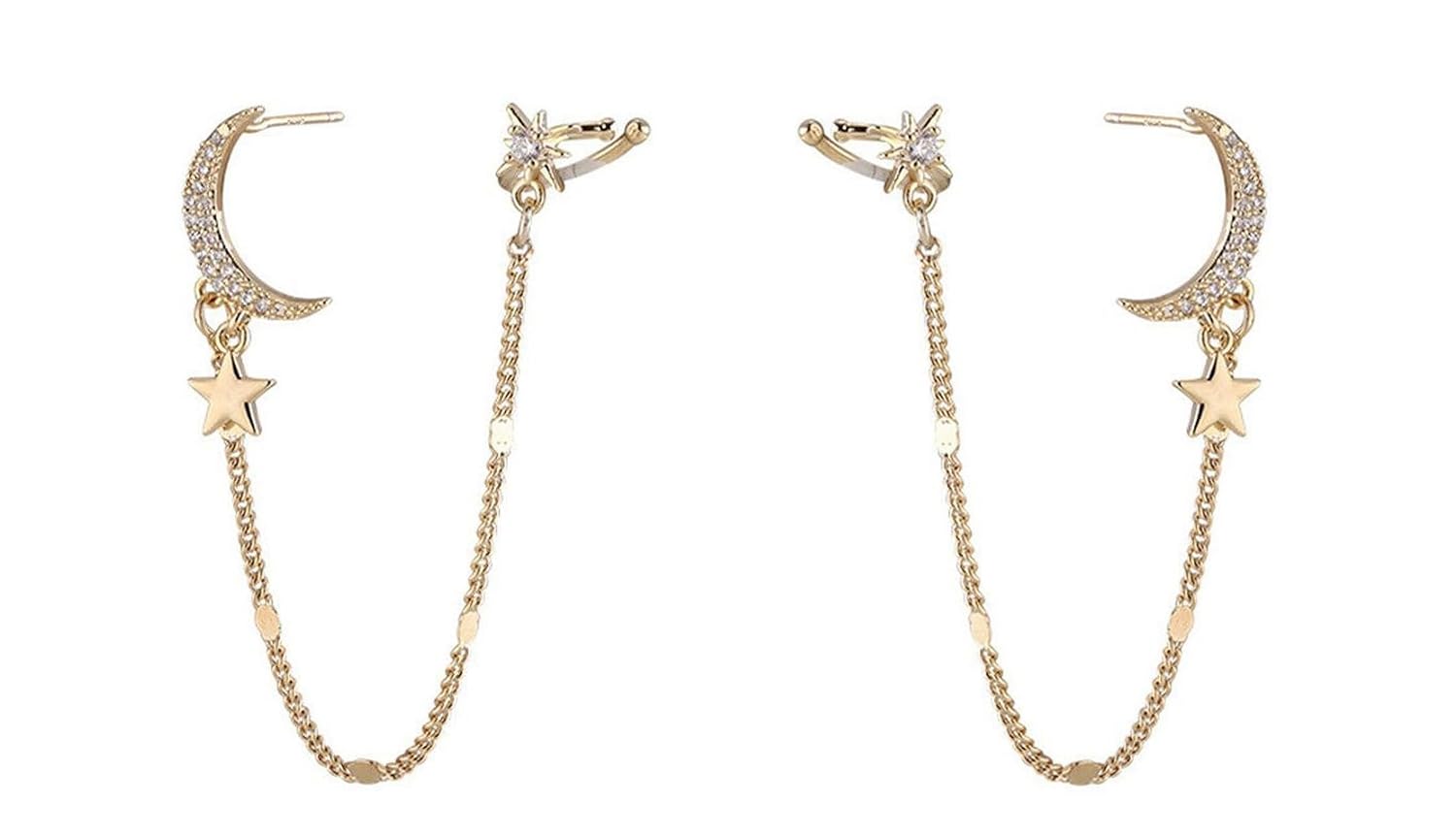 El Regalo 1 Pair CZ Moon Star Chain Cuff, Ear Clips, Ear Wraps Earrings- Crystal Crescent, Northstar Stud Earrings for Women/Girls