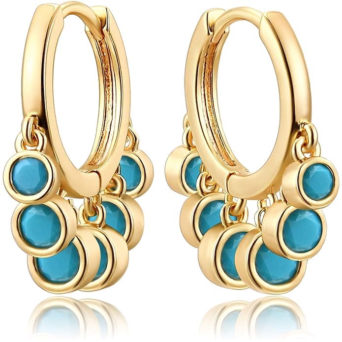 El Regalo Elegant Round Dot Turquoise Dangle Drop Huggie Hoop Earrings - Cute 14k Gold Plated Multi Drop Hoop Earrings for Women & Girls