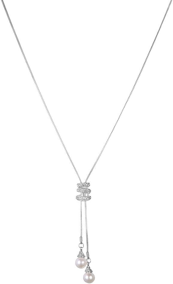 El Regalo Fancy Long Rhinestone Pearls Drop Pendant Adjustable Long Necklace for Girls & Women - Sweater Chain Pendant Neclace (Silver)