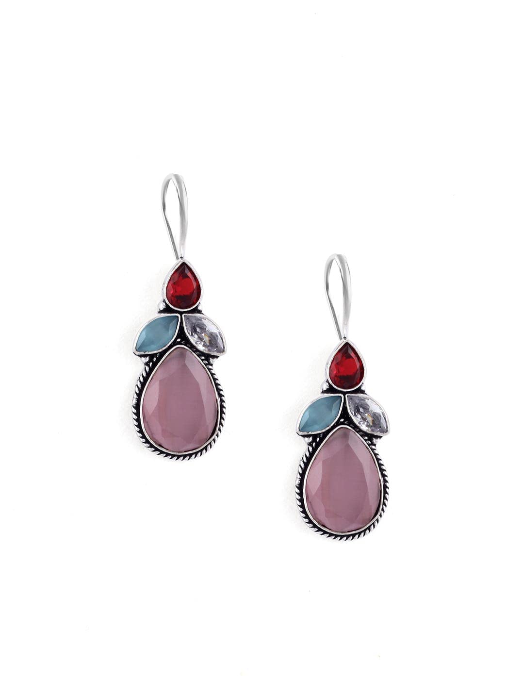 El Regalo Multi Colored Ethnic Stone Studded Oxidized 925 Silver Plated Earrings - Womens