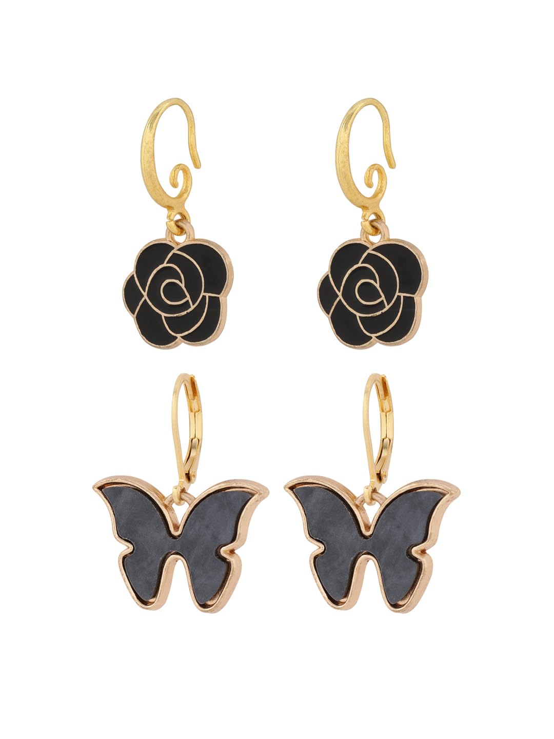 El Regalo 2 Pairs Cute & Elegant Flower & Butterfly Creative Hook Earrings- Vintage Style, Beautiful Flower & Butterfly Charms Earrings for Girls & Women (Style-1)