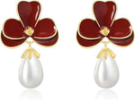 El Regalo Cute Orchid Flower Teardrop Pearl Earrings- 14K Gold Plated Pearl Earrings for Women | Floral Enamel drop Ball Earrings (Dark Maroon)