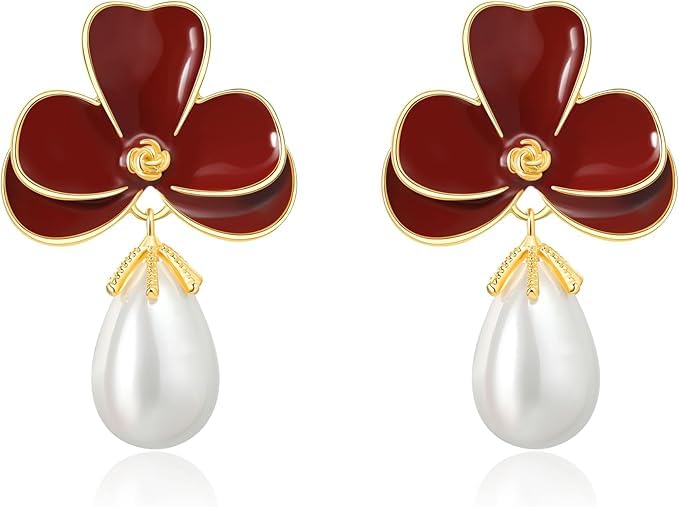 El Regalo Cute Orchid Flower Teardrop Pearl Earrings- 14K Gold Plated Pearl Earrings for Women | Floral Enamel drop Ball Earrings (Dark Maroon)