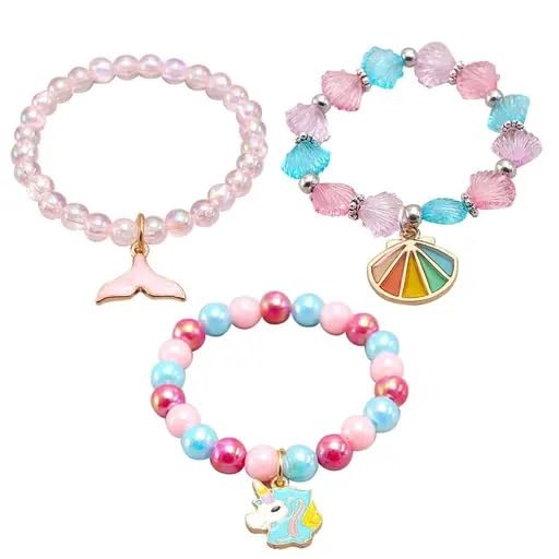 El Regalo 3PCs Cute Kids Beaded Bracelets with Unicorn, Mermaid & Shell Charms - Stretchable, Colorful Jewelry Set for Girls